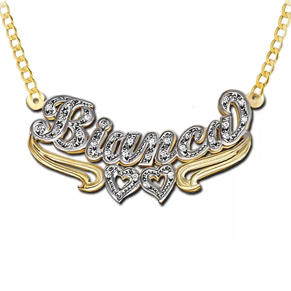 Double Plated Heart Name Necklace w/ Cuban Chain and CZ's