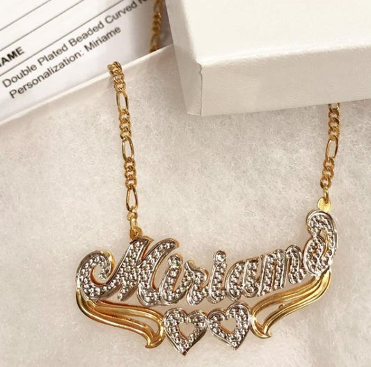 Double Plated Beaded Curved Nameplate Necklace - Two Hearts 2