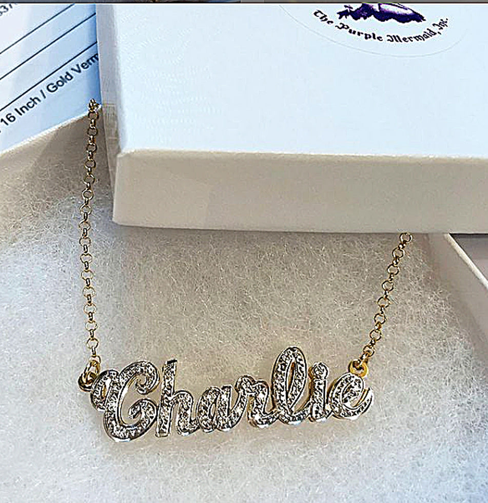 Gold 3D Double Plated Nameplate Necklace with CZ's 6