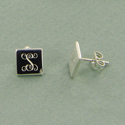 Monogram Sterling Silver Square Stud Earrings