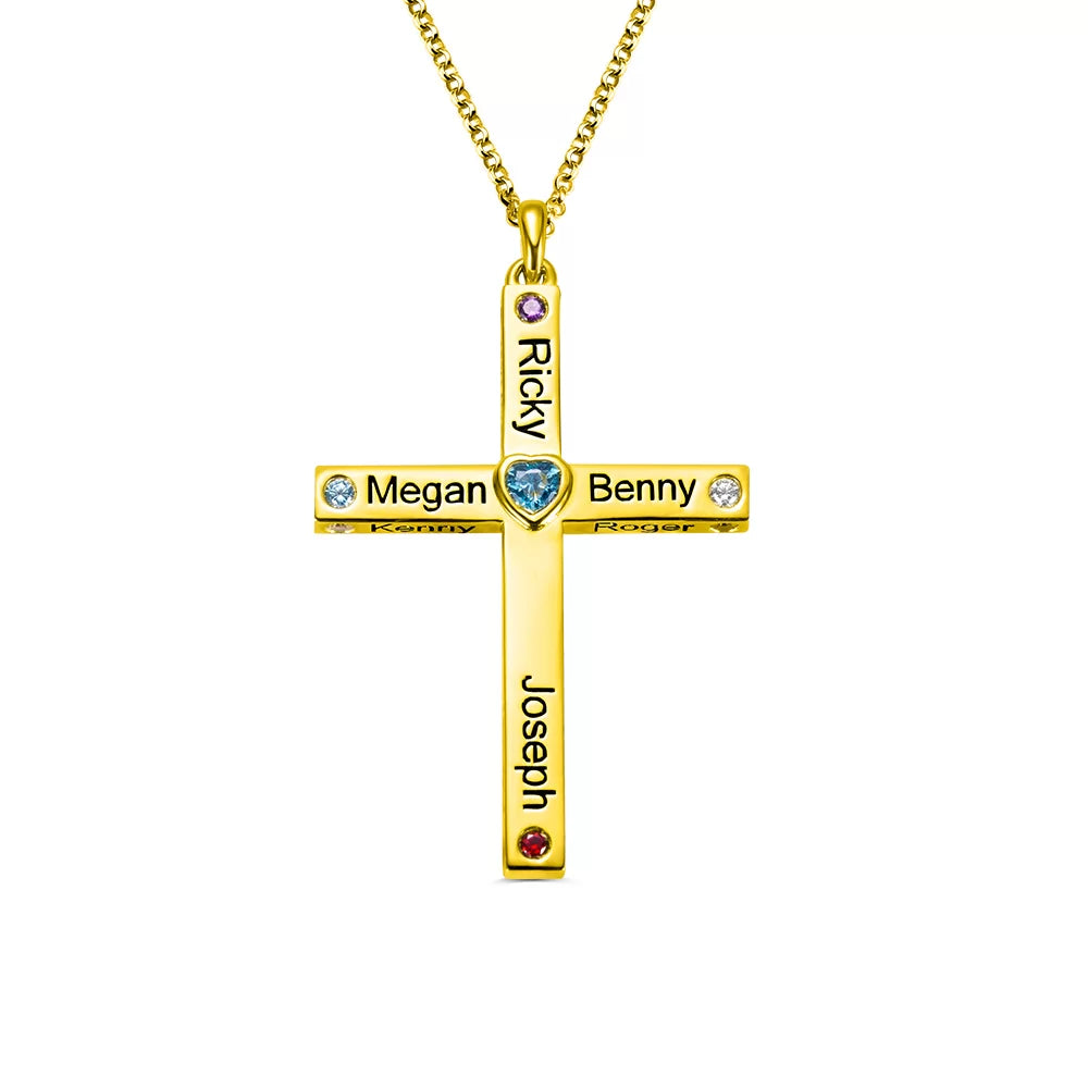 Personalized Birthstone Cross Necklace Up to 12 Names Be Monogrammed