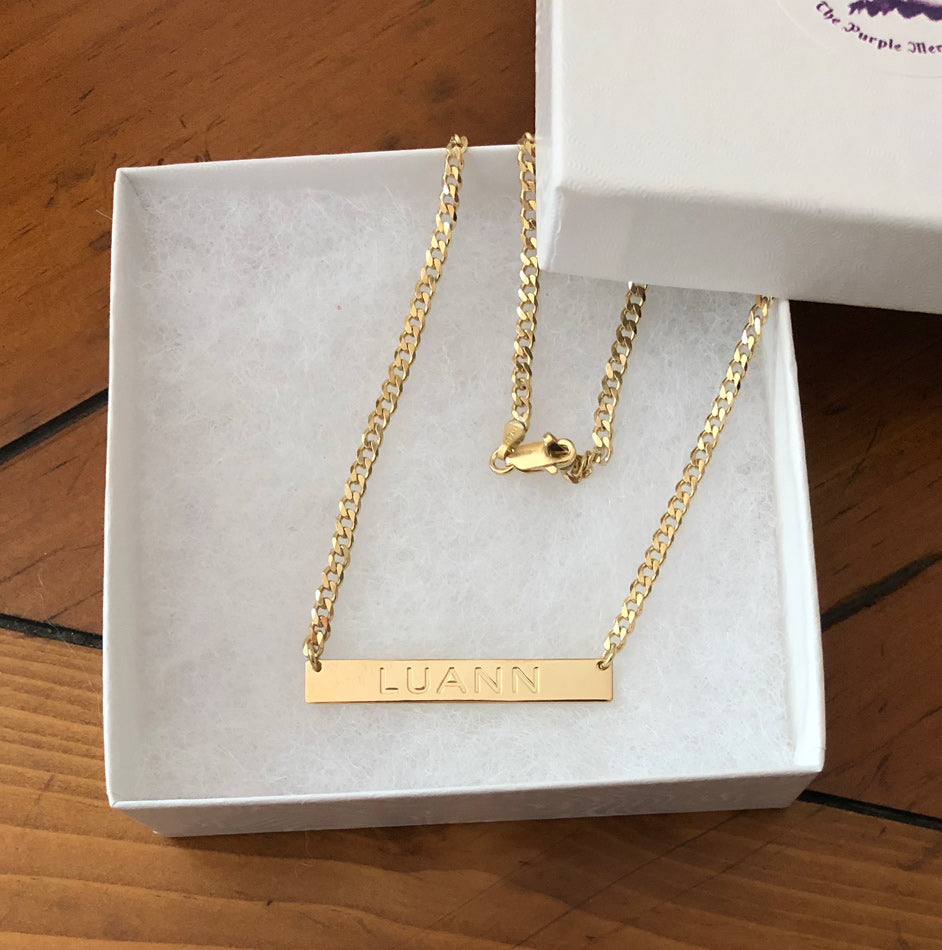 Engraved Gold Bar Necklace on Cuban Curb Chain