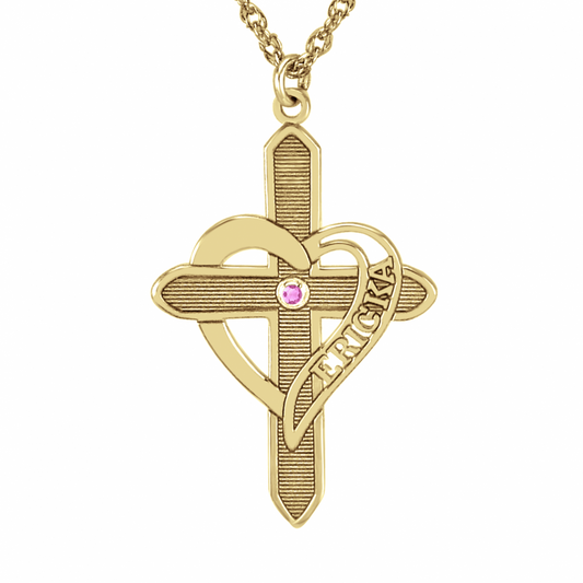 Engraved Heart Cross Necklace with Birthstone