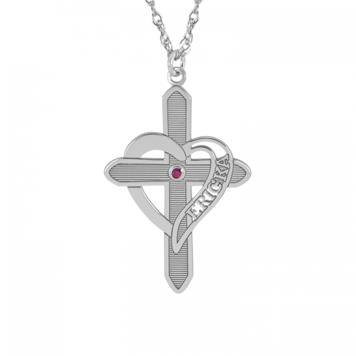Engraved Heart Cross Necklace with Birthstone 2