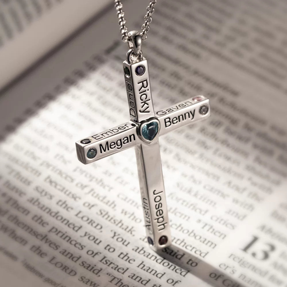 Personalized Birthstone Cross Necklace - Up to 12 Names 2