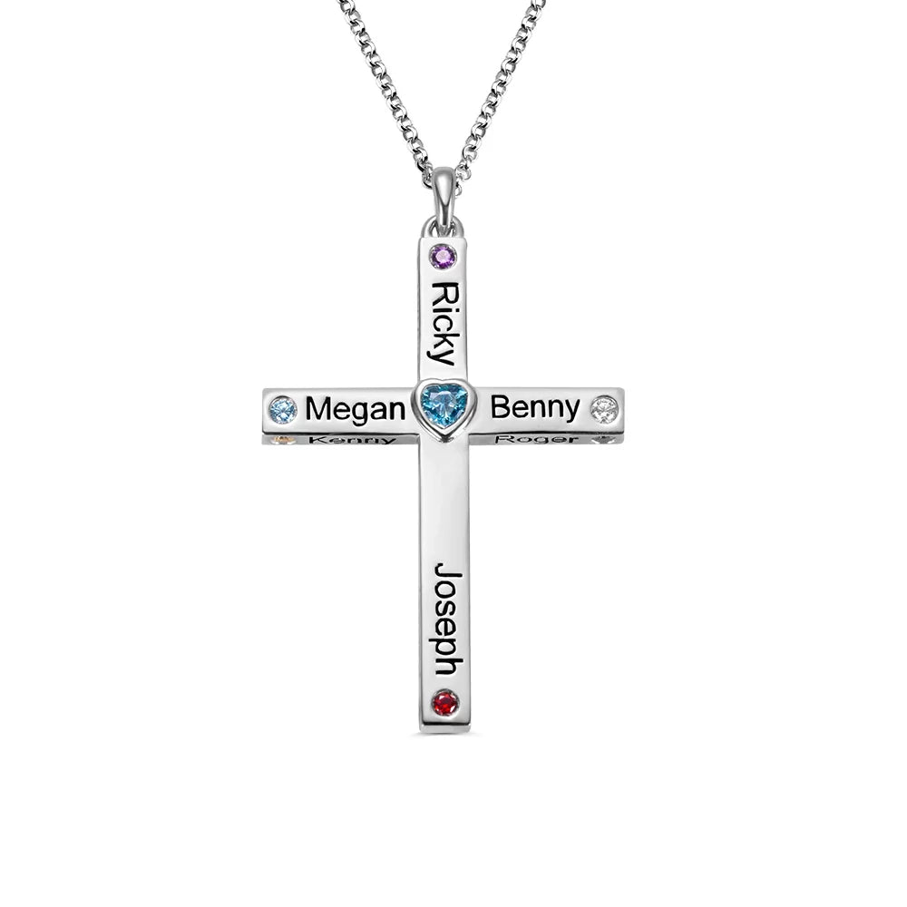 Personalized Birthstone Cross Necklace - Up to 12 Names