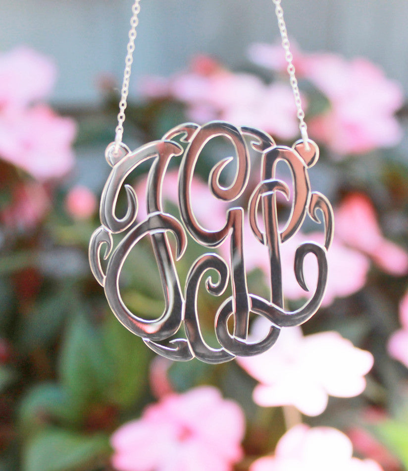 Extra Large Sterling Silver Fancy Script Monogram Necklace