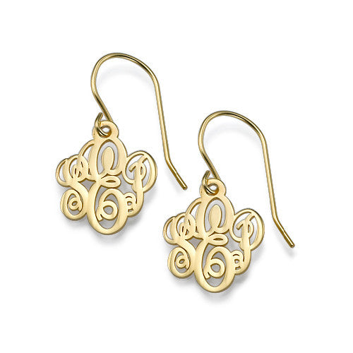 Gold Fancy Script Dangle Monogram Earrings