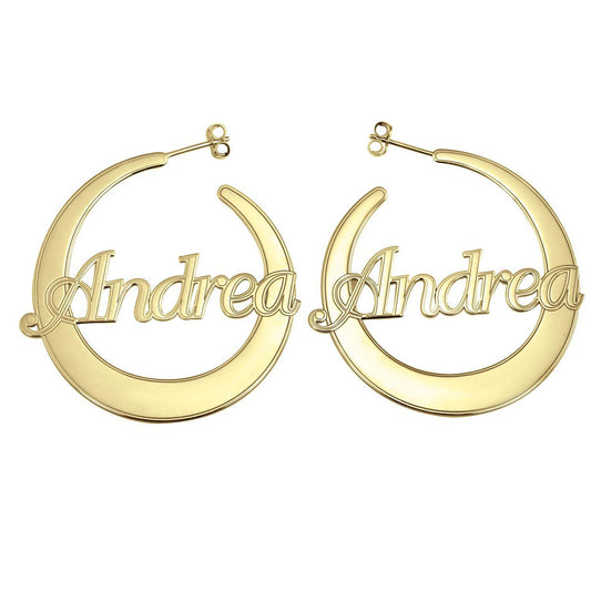 10K Gold Flattened Hoop Name Earrings