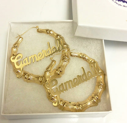 24K Gold Plated Large Bamboo Name Hoop Earrings 9