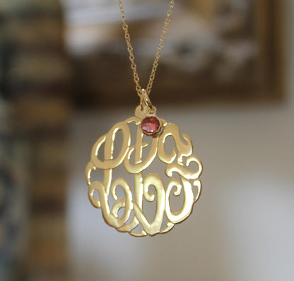 1 1/4 inch gold monogram necklace with birthstone