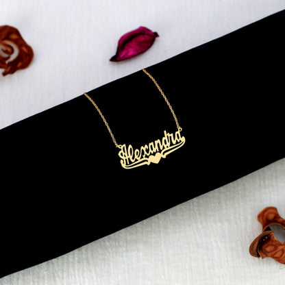 gold nameplate necklace with heart