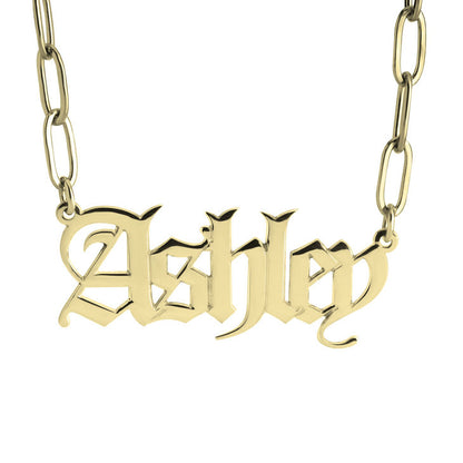 Gothic Name Necklace on Paperclip Chain