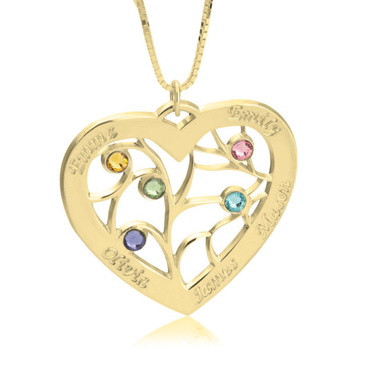 Engraved Heart Family Tree Birthstone Necklace