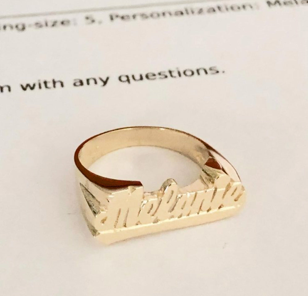 Small Script Gold Name Ring with Tail