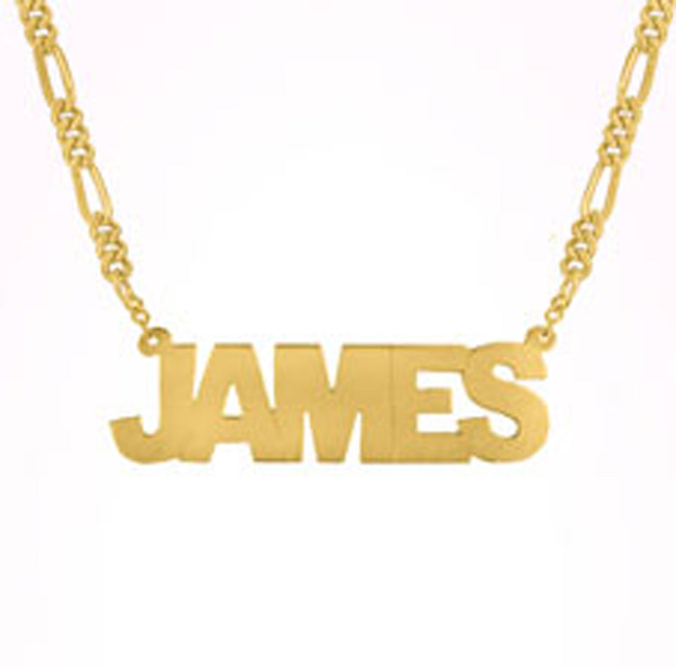 Mens Block Name Necklace on Figaro Chain