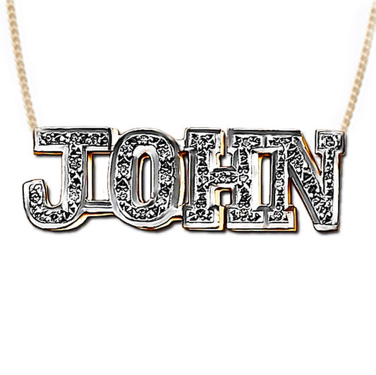 Men's Double Plated CZ Block Name Necklace w/ Cuban Chain