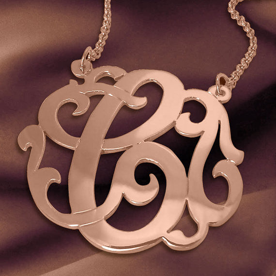 24K Rose Gold Plated Swirly Initial Necklace On Split Chain