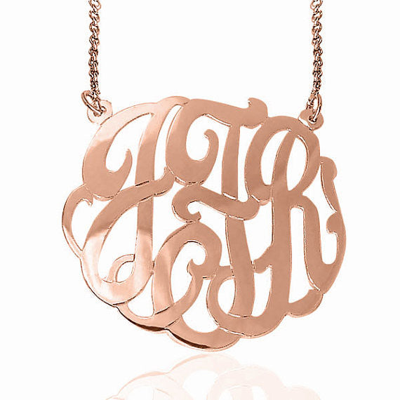 24K Rose Gold Plated Fancy Script Monogram Necklace Split Chain