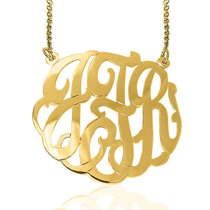 24K Gold Plated Fancy Script Monogram Necklace Split Chain