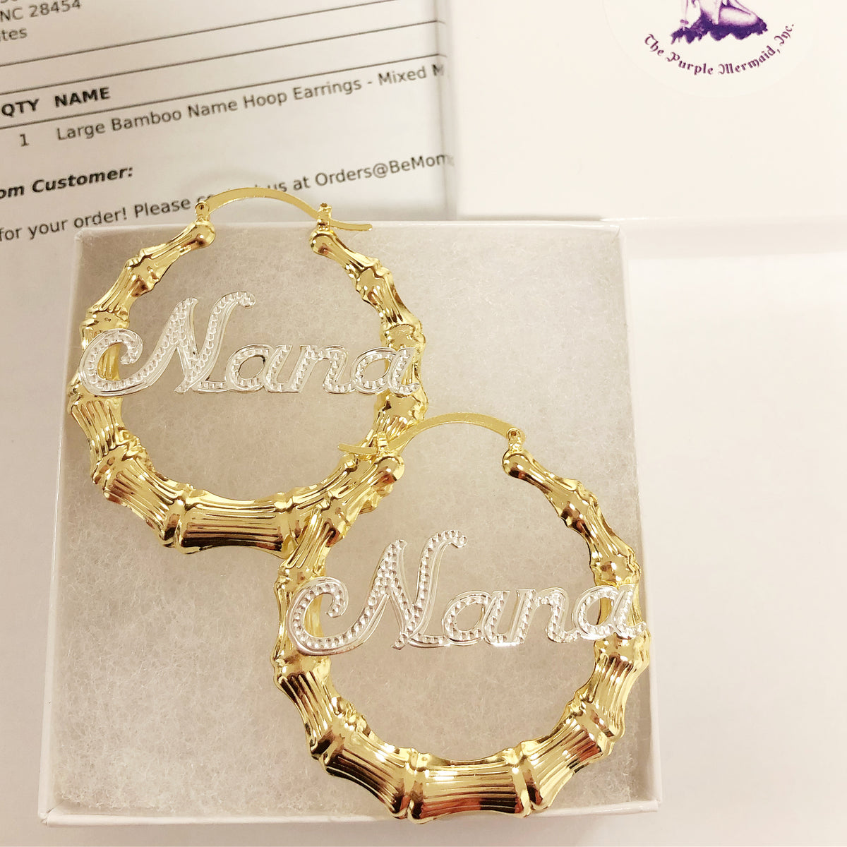 Personalized 14K Gold Plated Bamboo Name Earrings - Any Name Up To 9 Letters, Handmade In USA, Hook Closure