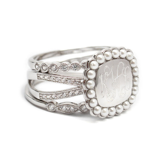 Silver CZ and Pearl Rimmed Monogram Stacking Ring 3