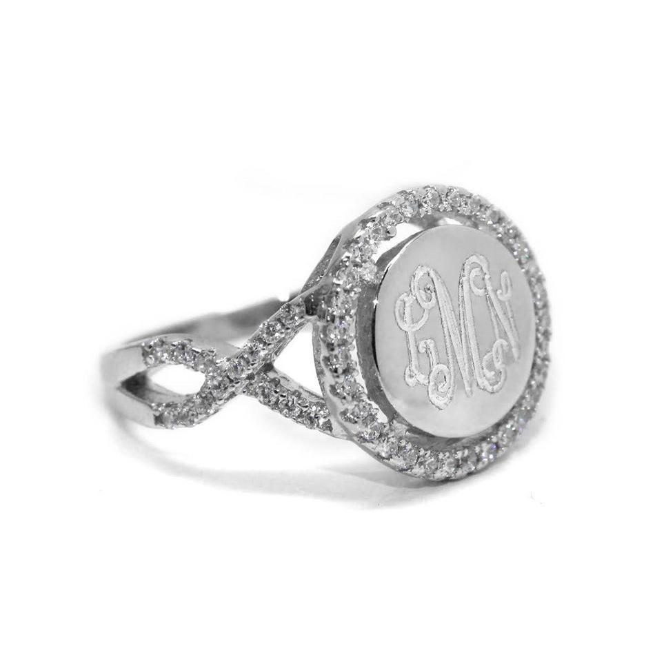 Sterling Silver Twisted Band CZ Rimmed Monogram Ring