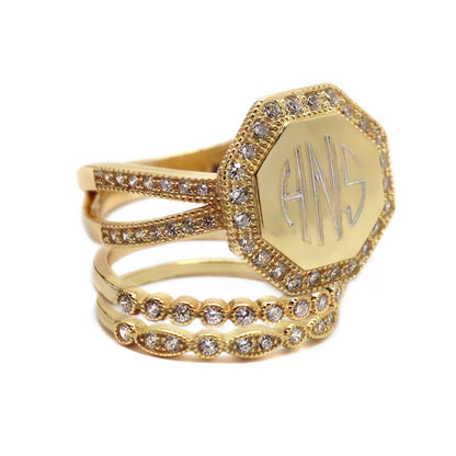 Gold CZ Rimmed Octagon Monogram Stacking Ring