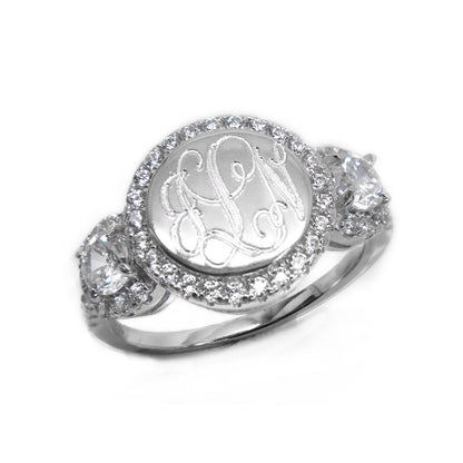 Sterling Silver Round CZ Rimmed Monogram Ring with Ornate Band 2