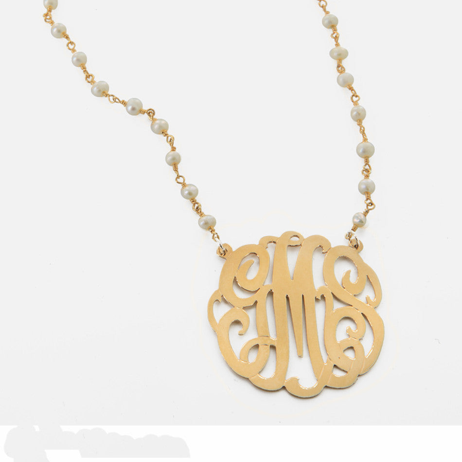 Monogram Gold Pendant and Pearl Necklace