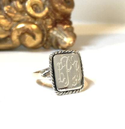 Sterling Silver Monogram Rope Edge Ring - Vertical Rectangle 3
