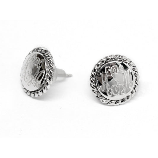 Sterling Silver Small Round Monogram Earrings - Rope Edge