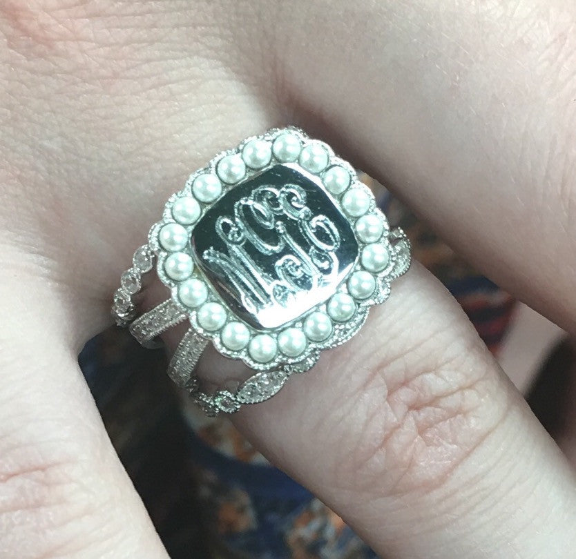 Silver CZ and Pearl Rimmed Monogram Stacking Ring