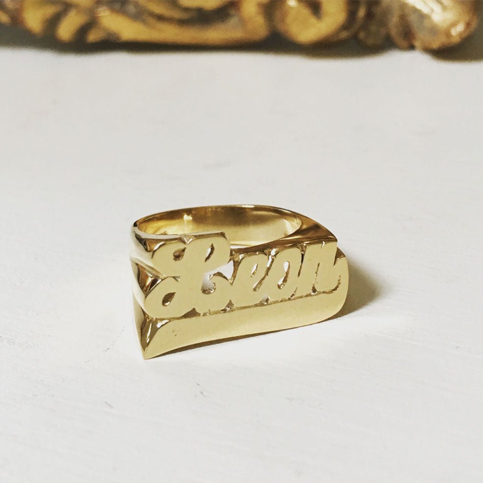 Gold Large Script Name Ring with Tail 11