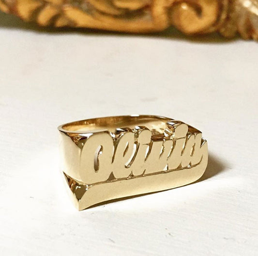 Gold Large Script Name Ring with Tail 10
