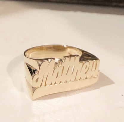 Gold Large Script Name Ring with Tail