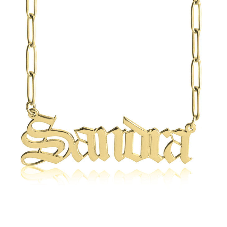 old english name necklace paper clip chain