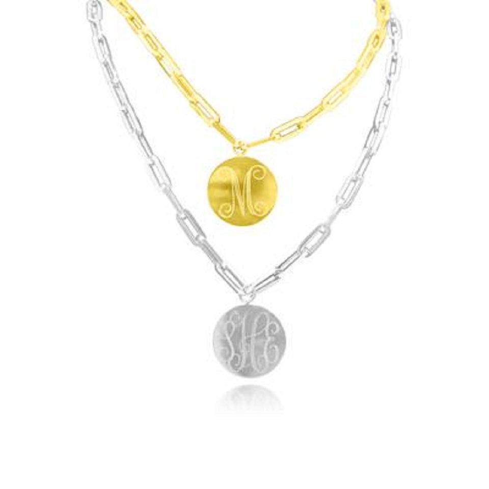 Engraved Disc Necklace / Paper Clip Chain