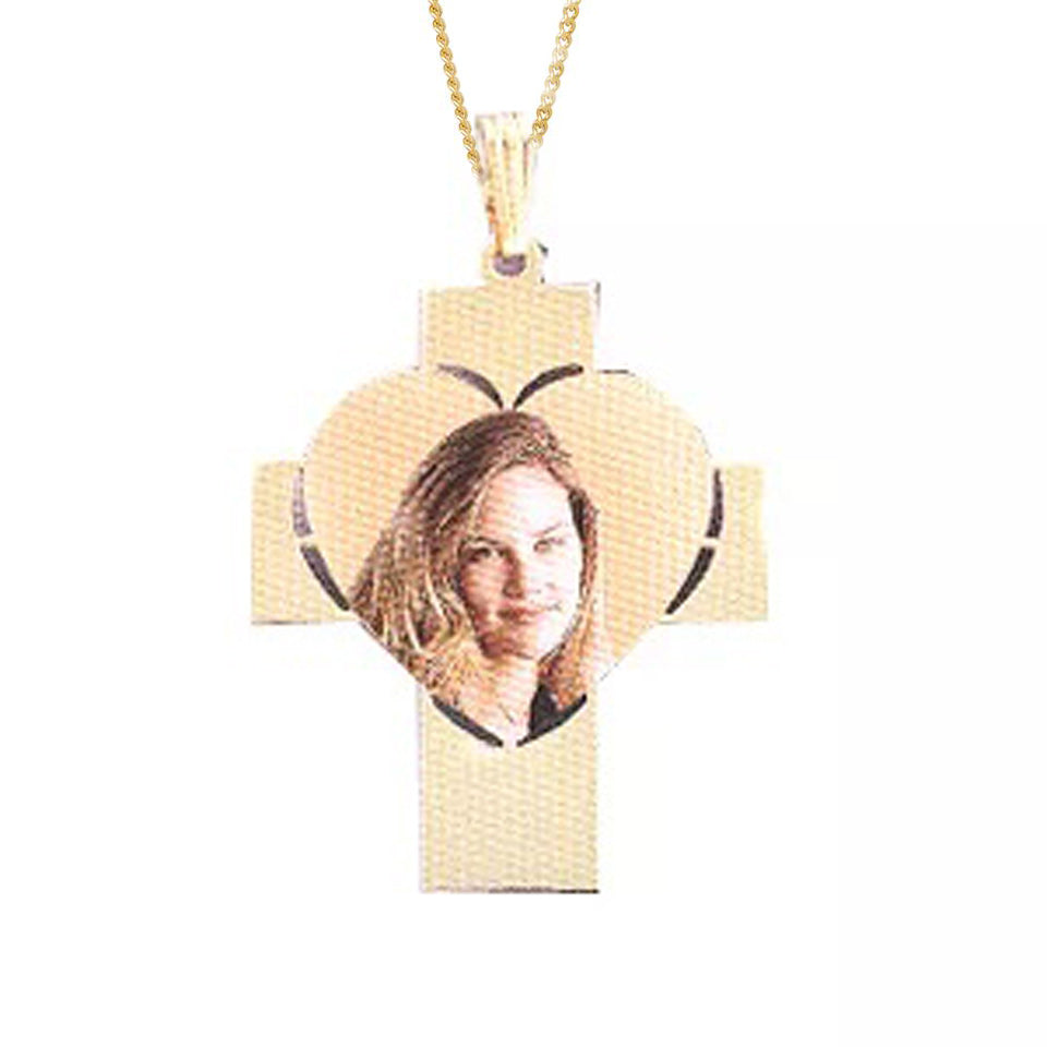 Cross Heart Photo Memory Necklace on Cuban Chain