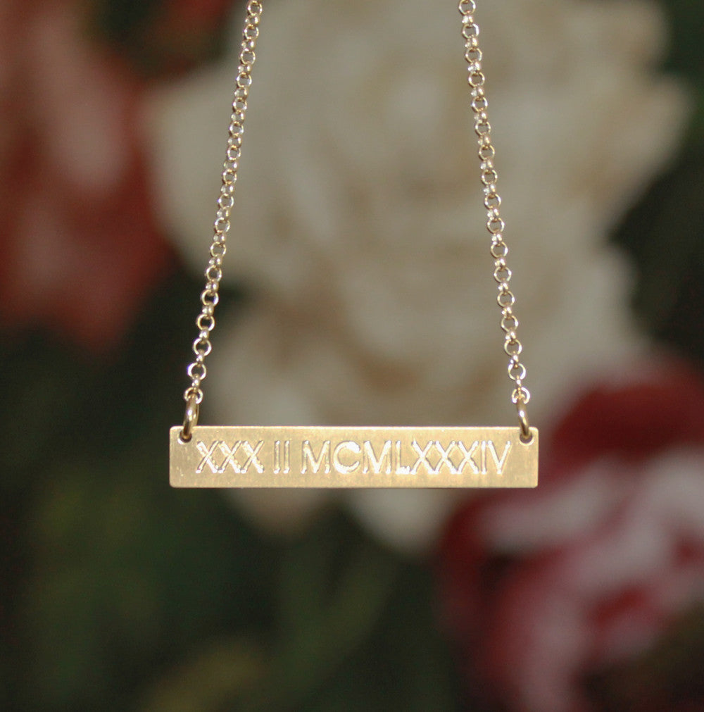 roman numeral gold vermeil bar necklace satin finish-medium