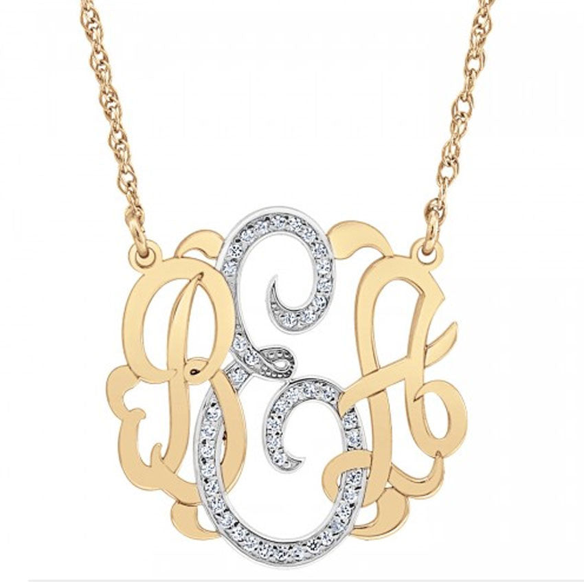 14K Gold Rimmed Monogram Necklace with Diamond-Pippa Middleton 24 inch / 14K Rose Gold