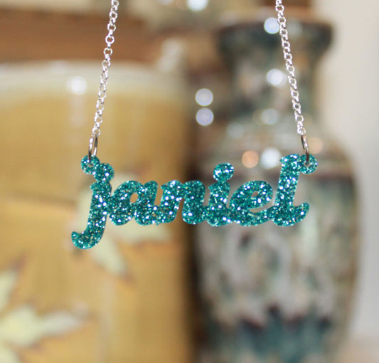 acrylic name necklace-all lowercase-teal glitter