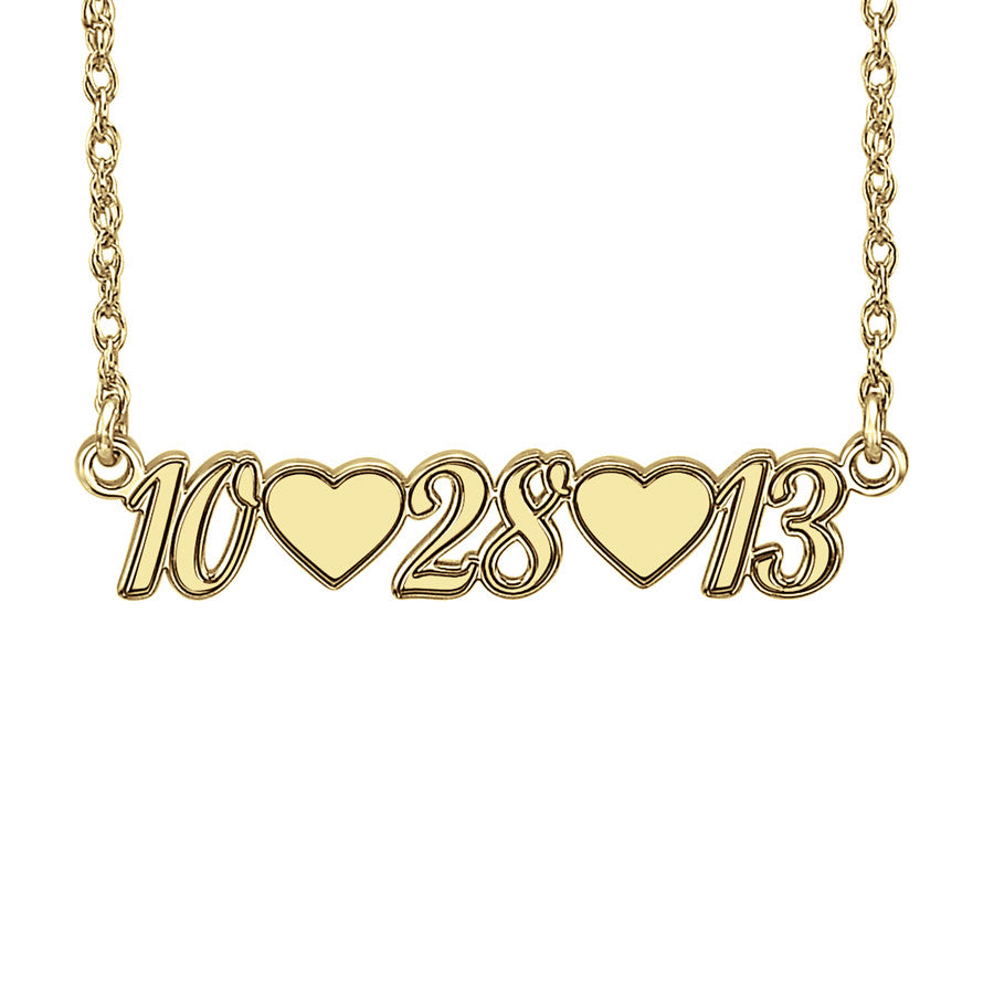 Script Date Necklace with Hearts Gold