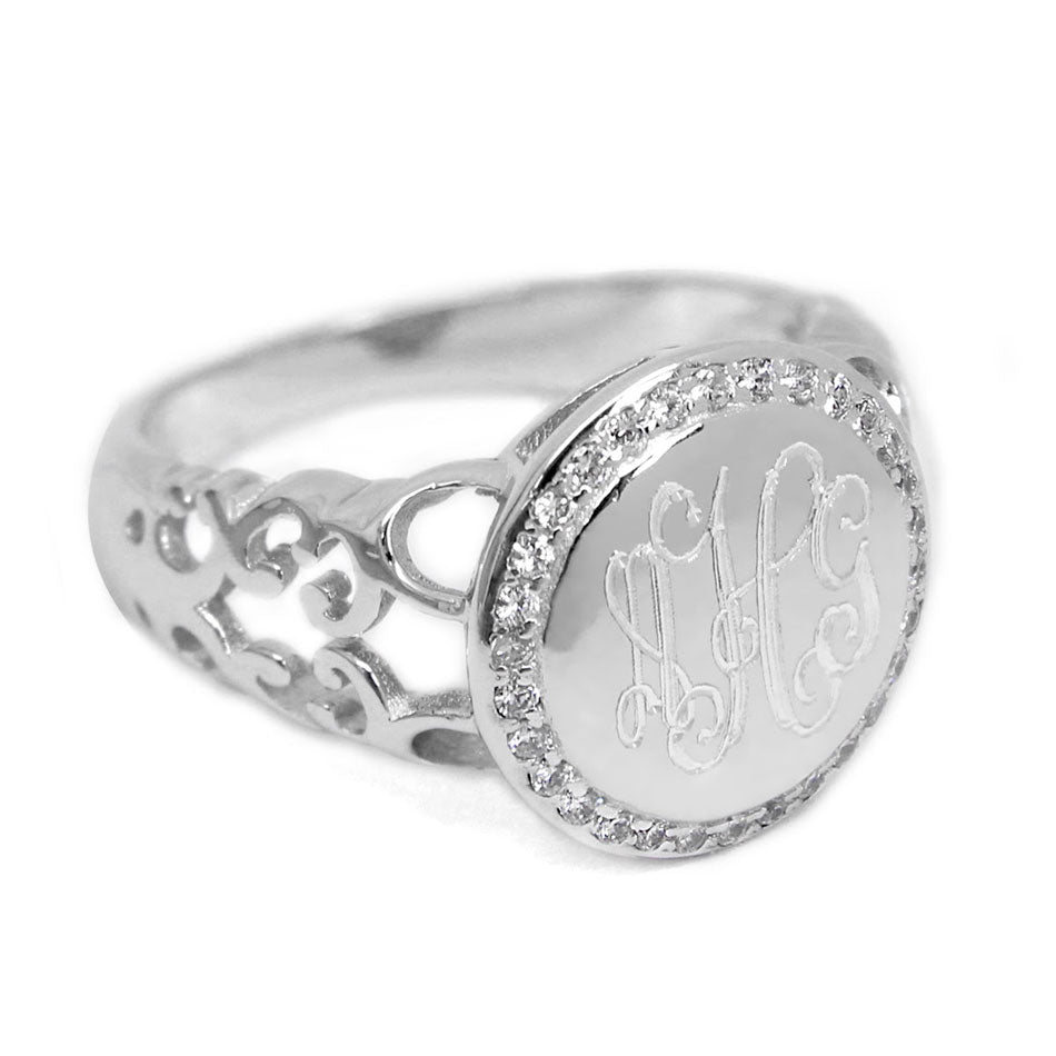 Silver CZ Rimmed Filigree Monogram Ring