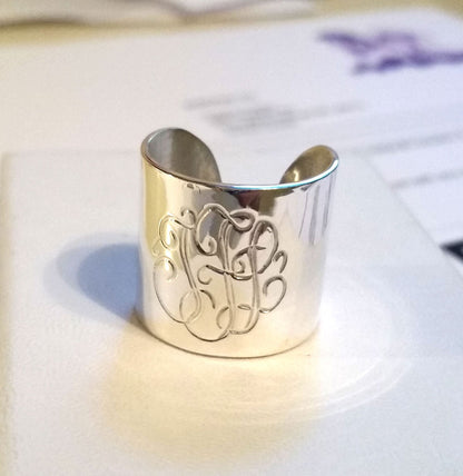 Engraved Silver Monogrammed Cuff Ring