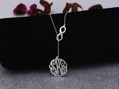 silver monogram infinity lariat necklace 7/8 inch