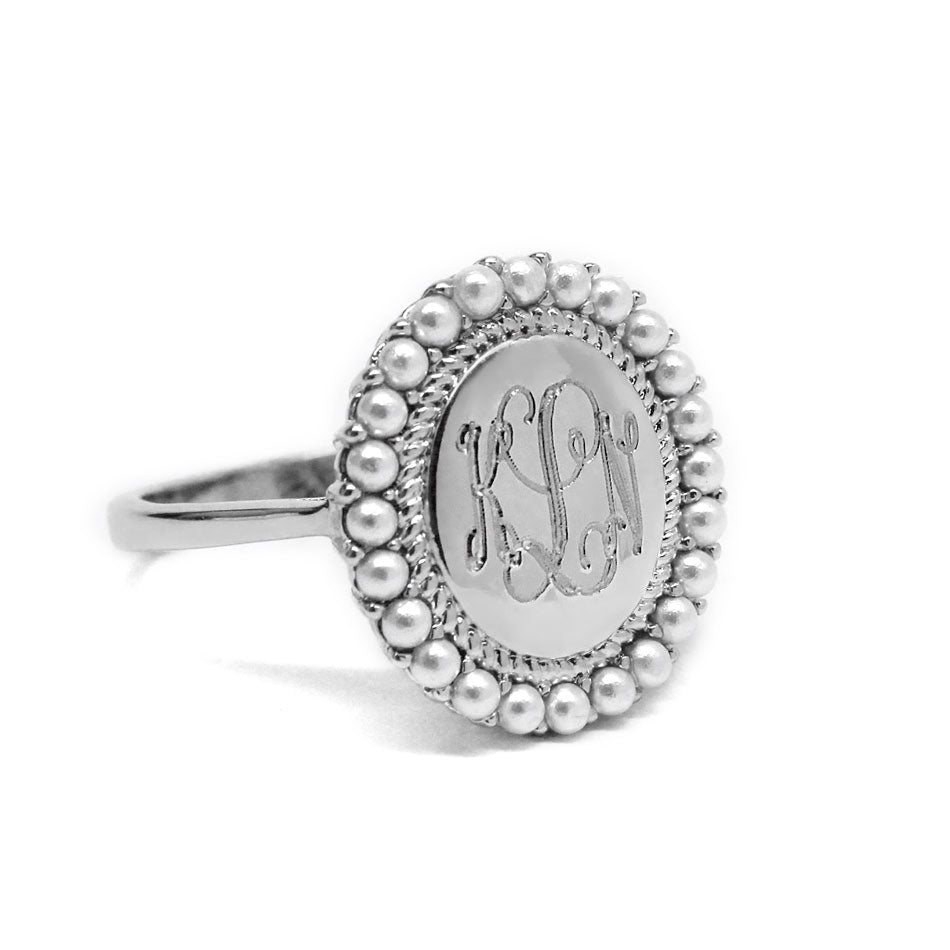 Sterling Silver Pearl Rimmed Monogram Ring