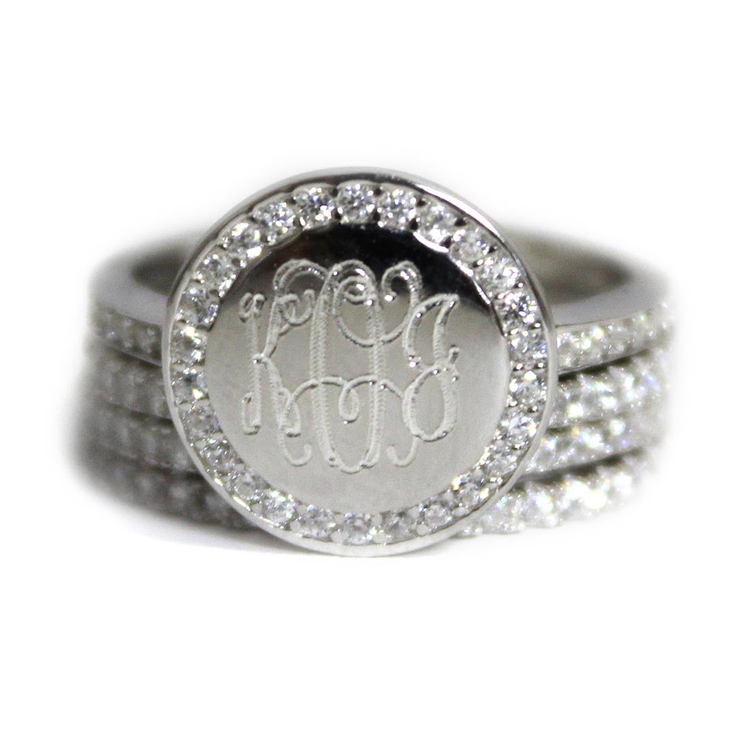 Sterling Silver CZ Rimmed Monogram Stacking Ring