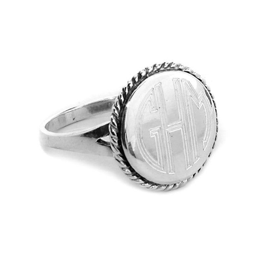Silver Plated Round Rope Trim Monogram Ring