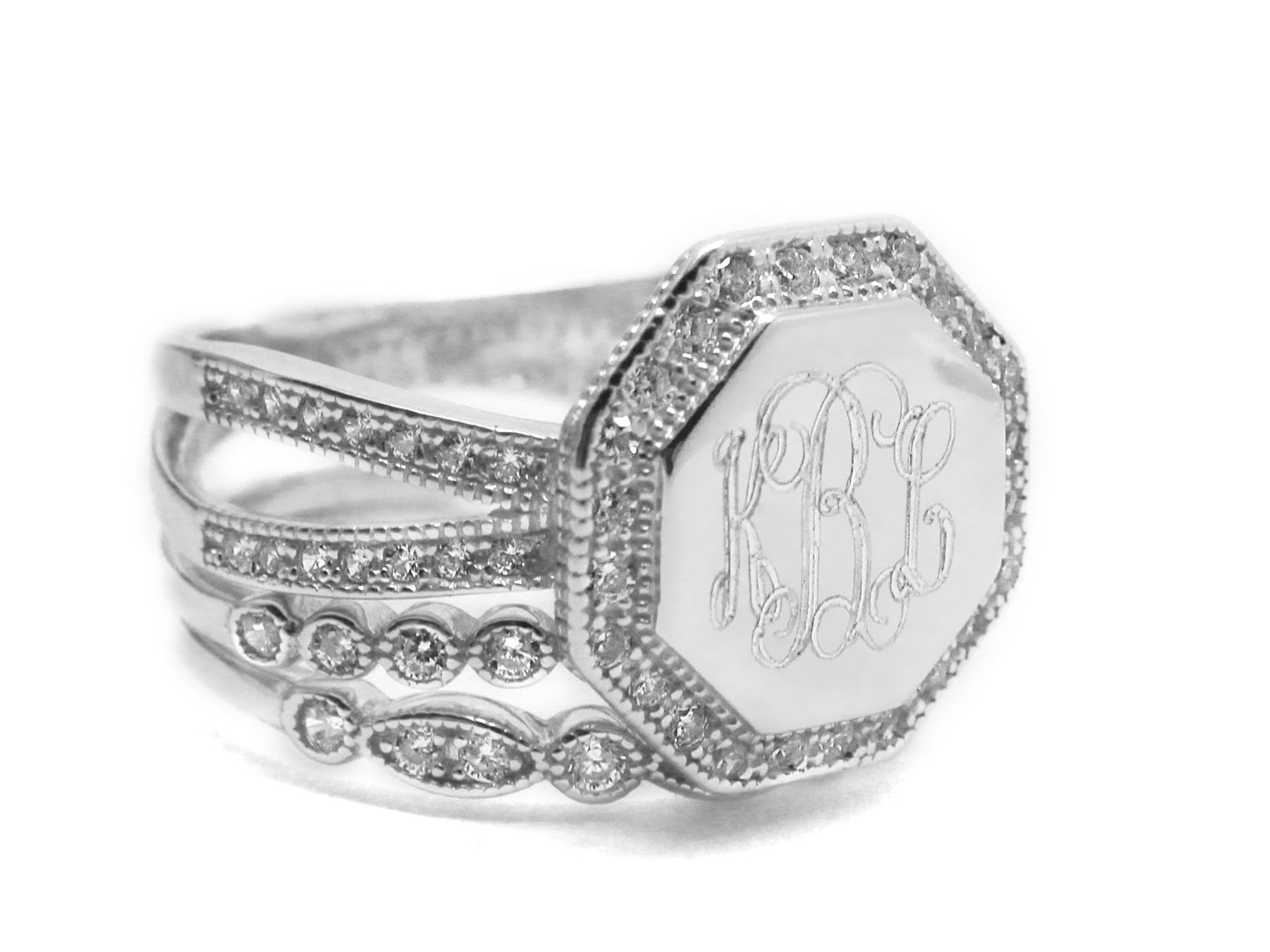 Silver CZ Rimmed Octagon Monogram Stacking Ring